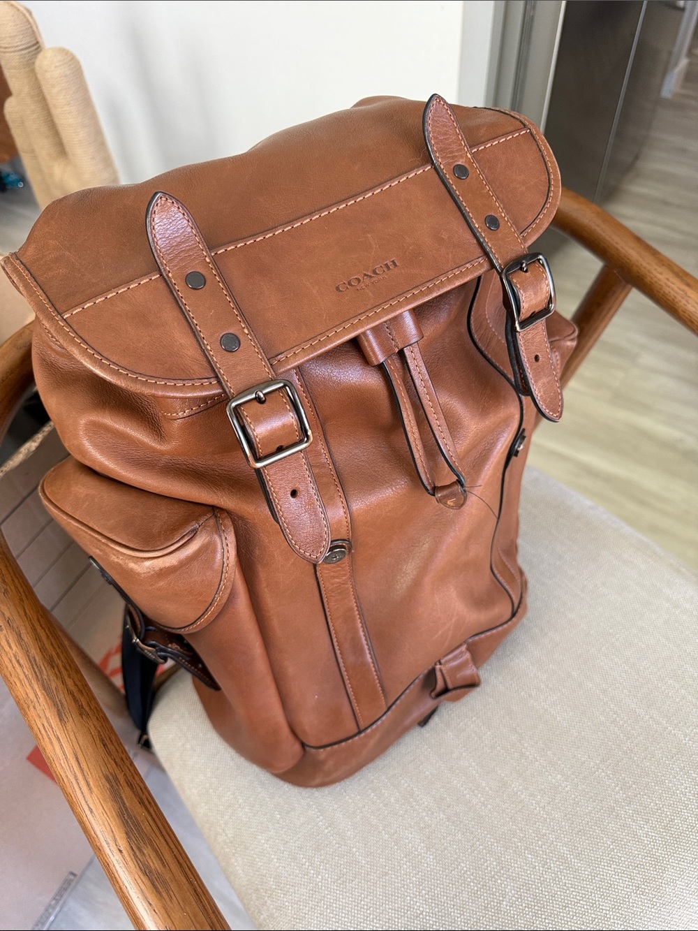 COACH Men's Tan Leather Buckle Backpack